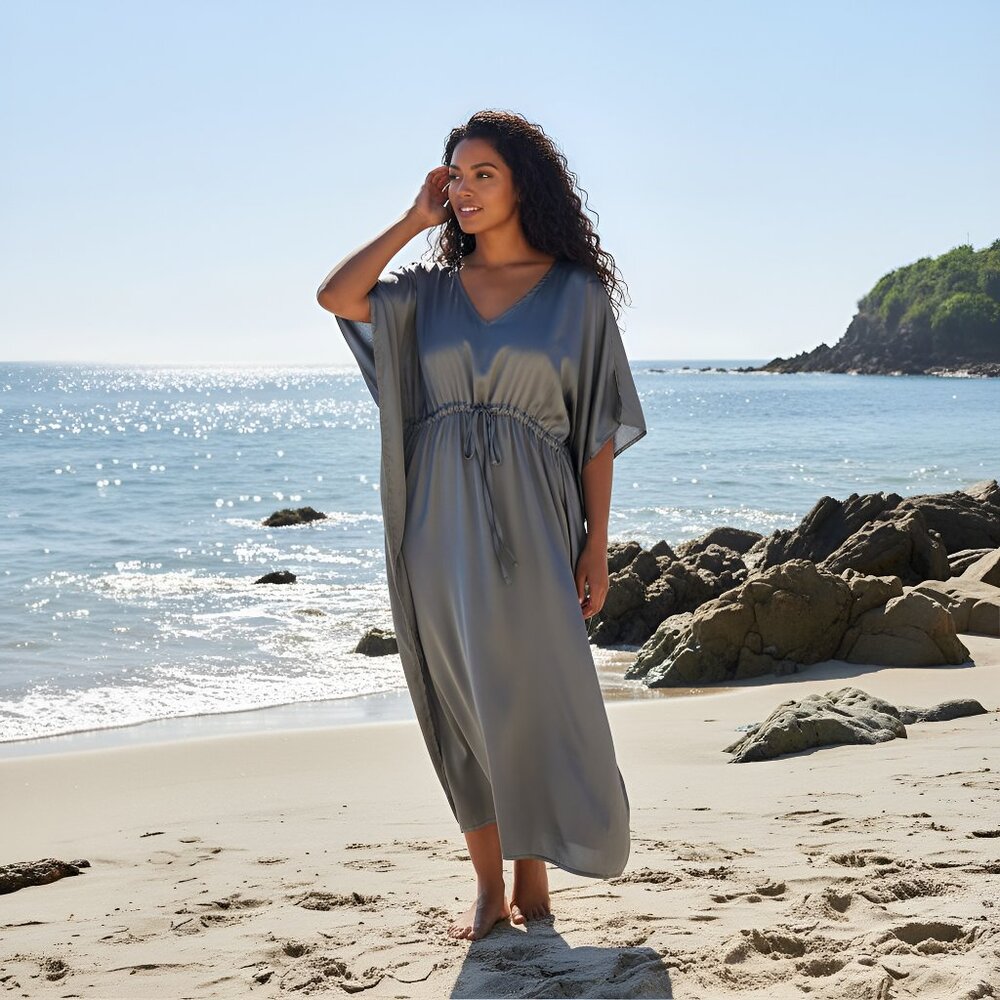 Gypsie Blu Satin Caftan Maxi Dress Grey Caftan Cover Up Dresses for Night Wear